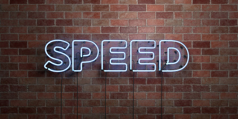 SPEED - fluorescent Neon tube Sign on brickwork - Front view - 3D rendered royalty free stock picture. Can be used for online banner ads and direct mailers..