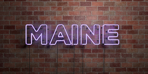 MAINE - fluorescent Neon tube Sign on brickwork - Front view - 3D rendered royalty free stock picture. Can be used for online banner ads and direct mailers..