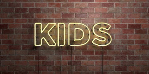 Fototapeta na wymiar KIDS - fluorescent Neon tube Sign on brickwork - Front view - 3D rendered royalty free stock picture. Can be used for online banner ads and direct mailers..