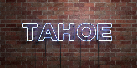 TAHOE - fluorescent Neon tube Sign on brickwork - Front view - 3D rendered royalty free stock picture. Can be used for online banner ads and direct mailers..