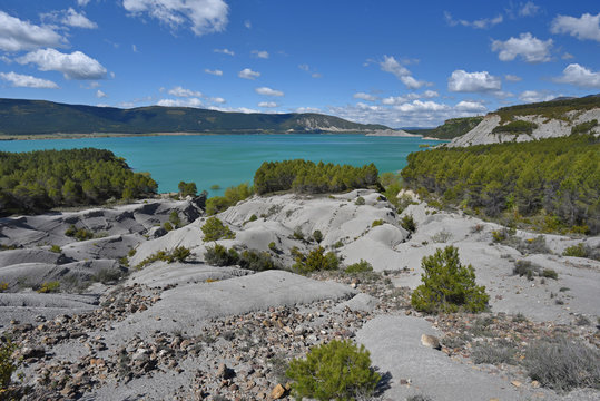 Schistose banks of the blue lake Yesa