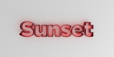 Sunset - Red glass text on white background - 3D rendered royalty free stock image.