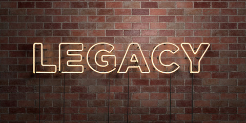 LEGACY - fluorescent Neon tube Sign on brickwork - Front view - 3D rendered royalty free stock picture. Can be used for online banner ads and direct mailers..