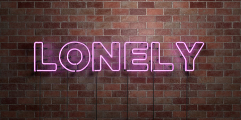 LONELY - fluorescent Neon tube Sign on brickwork - Front view - 3D rendered royalty free stock picture. Can be used for online banner ads and direct mailers..