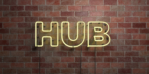 Fototapeta na wymiar HUB - fluorescent Neon tube Sign on brickwork - Front view - 3D rendered royalty free stock picture. Can be used for online banner ads and direct mailers..