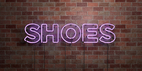 SHOES - fluorescent Neon tube Sign on brickwork - Front view - 3D rendered royalty free stock picture. Can be used for online banner ads and direct mailers..