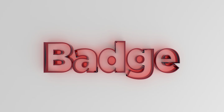 Badge - Red glass text on white background - 3D rendered royalty free stock image.