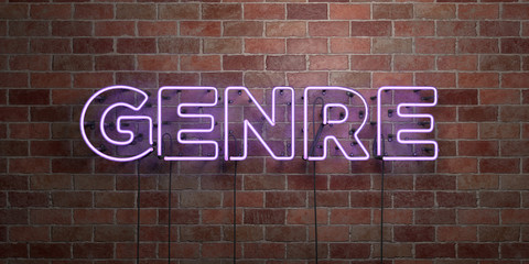 GENRE - fluorescent Neon tube Sign on brickwork - Front view - 3D rendered royalty free stock picture. Can be used for online banner ads and direct mailers..