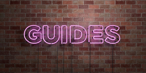 GUIDES - fluorescent Neon tube Sign on brickwork - Front view - 3D rendered royalty free stock picture. Can be used for online banner ads and direct mailers..
