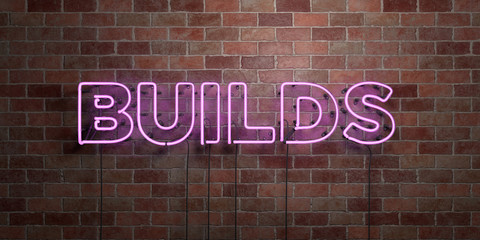 BUILDS - fluorescent Neon tube Sign on brickwork - Front view - 3D rendered royalty free stock picture. Can be used for online banner ads and direct mailers..