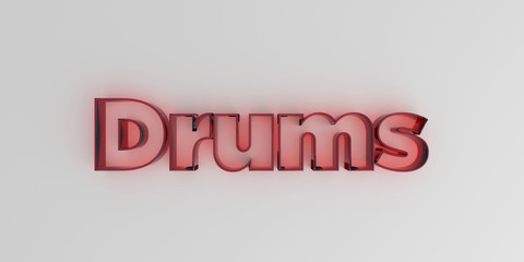 Drums - Red glass text on white background - 3D rendered royalty free stock image.