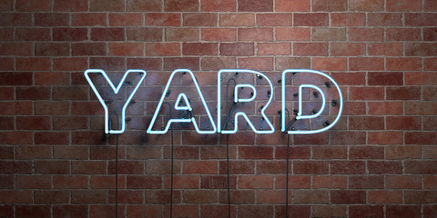 YARD - fluorescent Neon tube Sign on brickwork - Front view - 3D rendered royalty free stock picture. Can be used for online banner ads and direct mailers..