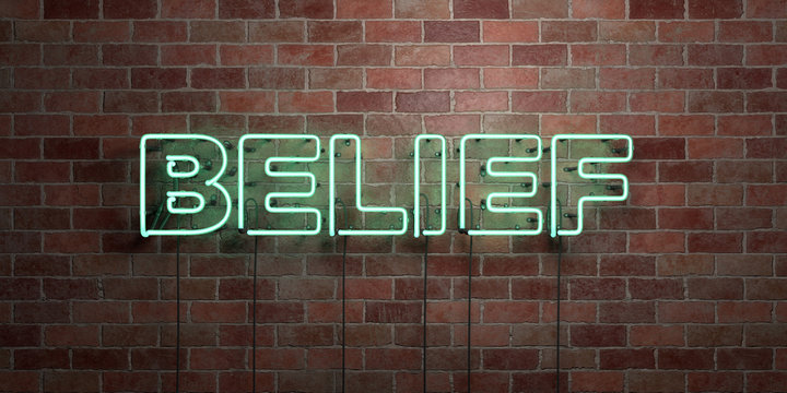 BELIEF - fluorescent Neon tube Sign on brickwork - Front view - 3D rendered royalty free stock picture. Can be used for online banner ads and direct mailers..