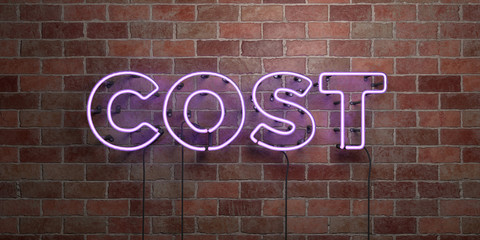 COST - fluorescent Neon tube Sign on brickwork - Front view - 3D rendered royalty free stock picture. Can be used for online banner ads and direct mailers..