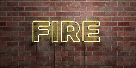 Fototapeta na wymiar FIRE - fluorescent Neon tube Sign on brickwork - Front view - 3D rendered royalty free stock picture. Can be used for online banner ads and direct mailers..