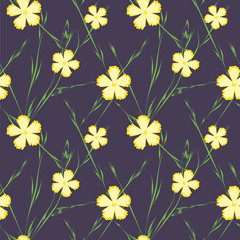 Seamless pattern with yellow flowers on dark blue background. Vector illustration. 
