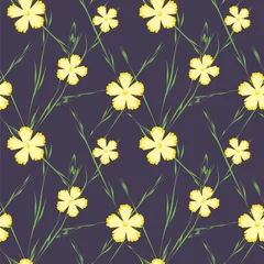 Fotobehang Seamless pattern with yellow flowers on dark blue background. Vector illustration.  © mila_1989