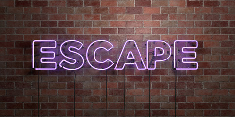 ESCAPE - fluorescent Neon tube Sign on brickwork - Front view - 3D rendered royalty free stock picture. Can be used for online banner ads and direct mailers..