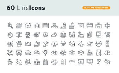 Fototapeta Set of premium concept icons for travel and hotel services. Thin line vector icons for website design and development, app development, business and marketing presentation and print material. obraz