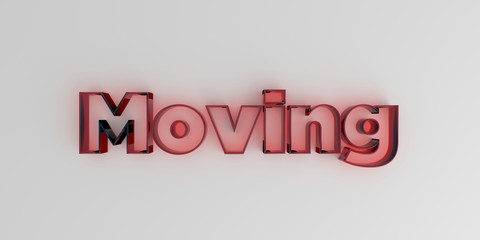 Moving - Red glass text on white background - 3D rendered royalty free stock image.