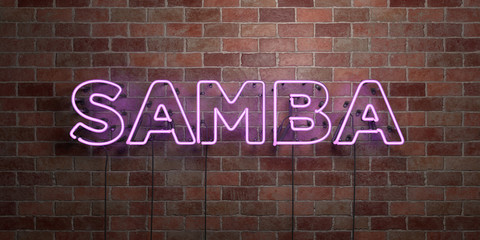 SAMBA - fluorescent Neon tube Sign on brickwork - Front view - 3D rendered royalty free stock picture. Can be used for online banner ads and direct mailers..