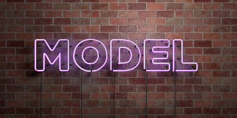 MODEL - fluorescent Neon tube Sign on brickwork - Front view - 3D rendered royalty free stock picture. Can be used for online banner ads and direct mailers..