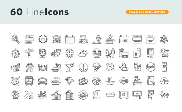 Set of premium concept icons for travel and hotel services. Thin line vector icons for website design and development, app development, business and marketing presentation and print material.