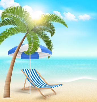 Beach with palm clouds sun umbrella and beach chair. Summer vaca