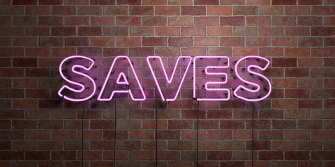 Fototapeta na wymiar SAVES - fluorescent Neon tube Sign on brickwork - Front view - 3D rendered royalty free stock picture. Can be used for online banner ads and direct mailers..