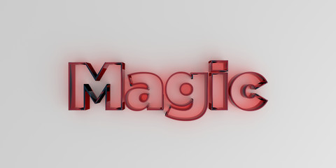 Magic - Red glass text on white background - 3D rendered royalty free stock image.
