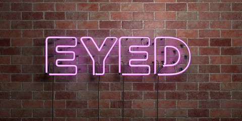 EYED - fluorescent Neon tube Sign on brickwork - Front view - 3D rendered royalty free stock picture. Can be used for online banner ads and direct mailers..