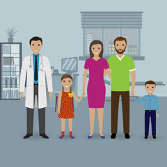 Father and mother with two kids visit doctor's office. Family healthcare concept.