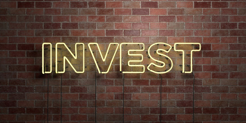 INVEST - fluorescent Neon tube Sign on brickwork - Front view - 3D rendered royalty free stock picture. Can be used for online banner ads and direct mailers..