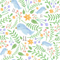 Watercolor floral pattern with blue birdies yellow flowers and green leaves on white background