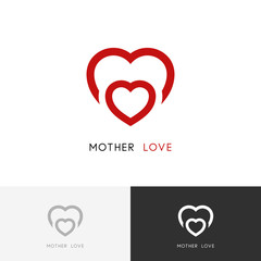 Mother love logo - two red hearts, mom with a child, baby care symbol. Family, motherhood and pregnancy vector icon.
