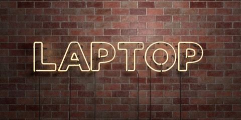 LAPTOP - fluorescent Neon tube Sign on brickwork - Front view - 3D rendered royalty free stock picture. Can be used for online banner ads and direct mailers..