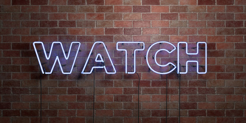 WATCH - fluorescent Neon tube Sign on brickwork - Front view - 3D rendered royalty free stock picture. Can be used for online banner ads and direct mailers..