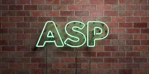 ASP - fluorescent Neon tube Sign on brickwork - Front view - 3D rendered royalty free stock picture. Can be used for online banner ads and direct mailers..
