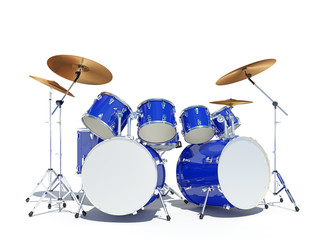 Fototapeta na wymiar Blue drum kit on a white background. . 3D Render