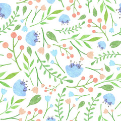 Watercolor floral pattern with sky blue flowers red berries and green leaves on white background