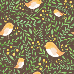Watercolor floral pattern with yellow birdies and berries green leaves on brown background