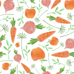 Watercolor vegetable pattern with orange carrot and apple pink beetroot and green leaves on white background