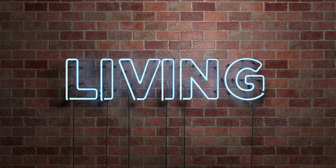 LIVING - fluorescent Neon tube Sign on brickwork - Front view - 3D rendered royalty free stock picture. Can be used for online banner ads and direct mailers..