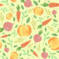 Watercolor vegetable pattern with orange carrot pink beetroot yellow pumpkin yellow and green leaves on pastel yellow background