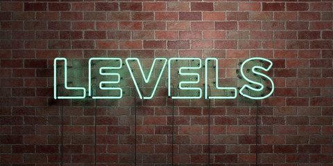 LEVELS - fluorescent Neon tube Sign on brickwork - Front view - 3D rendered royalty free stock picture. Can be used for online banner ads and direct mailers..