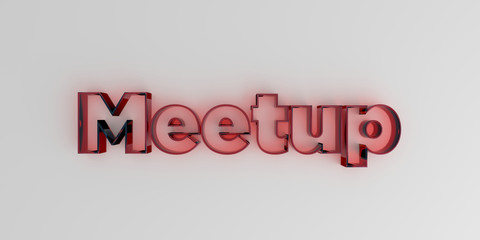 Meetup - Red glass text on white background - 3D rendered royalty free stock image.