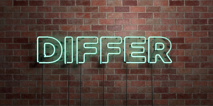 DIFFER - fluorescent Neon tube Sign on brickwork - Front view - 3D rendered royalty free stock picture. Can be used for online banner ads and direct mailers..