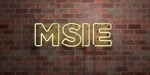 MSIE - fluorescent Neon tube Sign on brickwork - Front view - 3D rendered royalty free stock picture. Can be used for online banner ads and direct mailers..