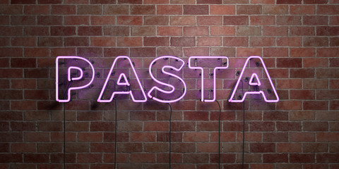 PASTA - fluorescent Neon tube Sign on brickwork - Front view - 3D rendered royalty free stock picture. Can be used for online banner ads and direct mailers..