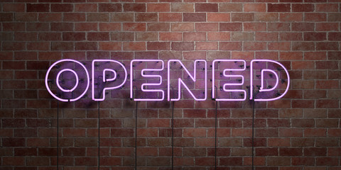 OPENED - fluorescent Neon tube Sign on brickwork - Front view - 3D rendered royalty free stock picture. Can be used for online banner ads and direct mailers..